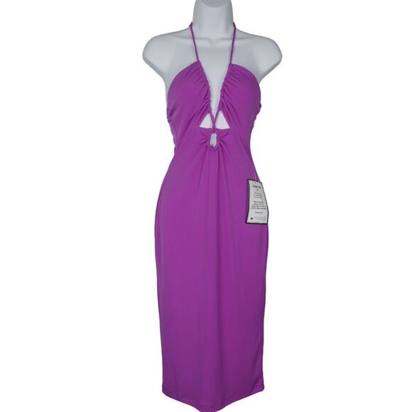 B DARLIN Purple Halter Cutout Bodycon Midi Dress Size XL (15/16) - Picture 3 of 6